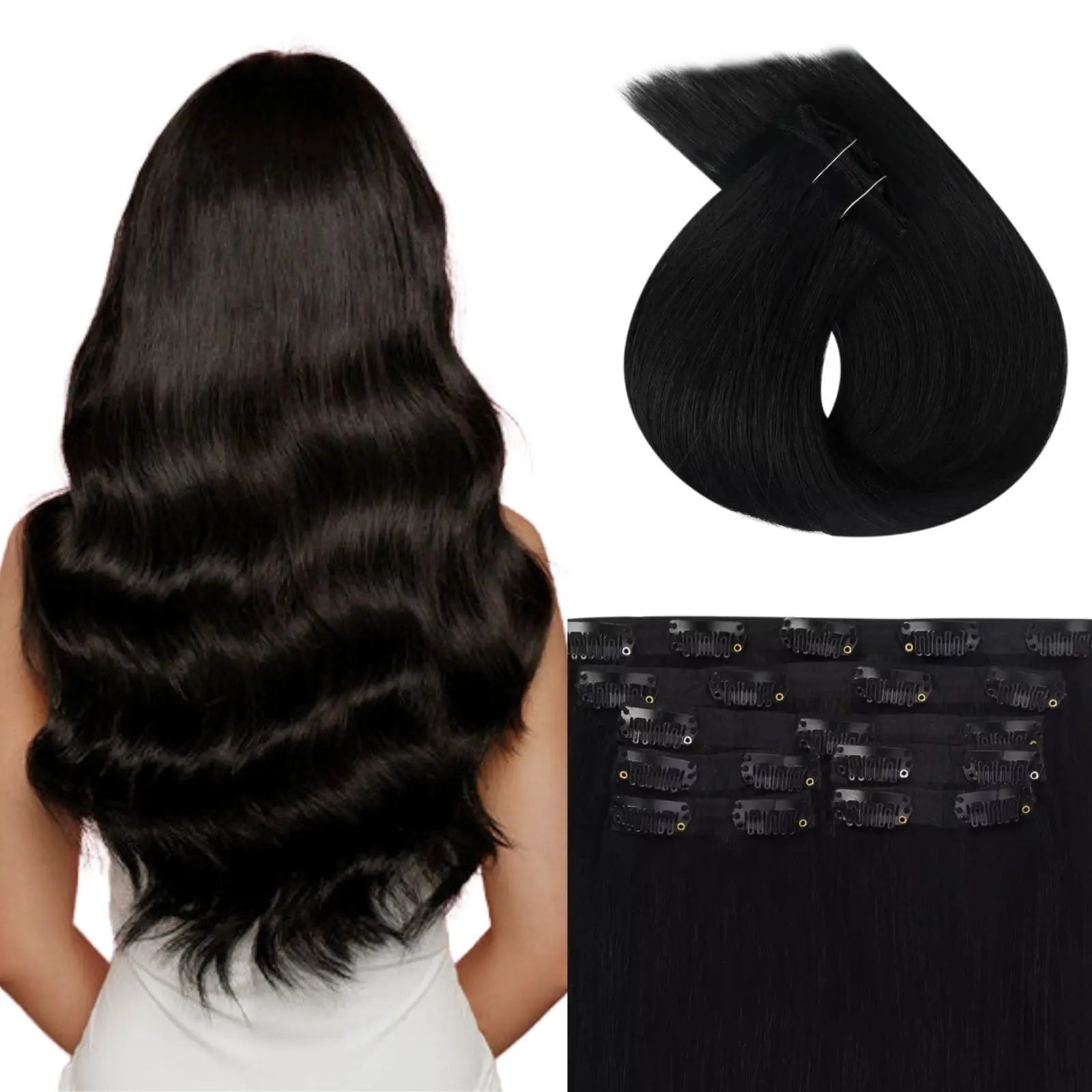 100% human hair extensions clip ins jet black