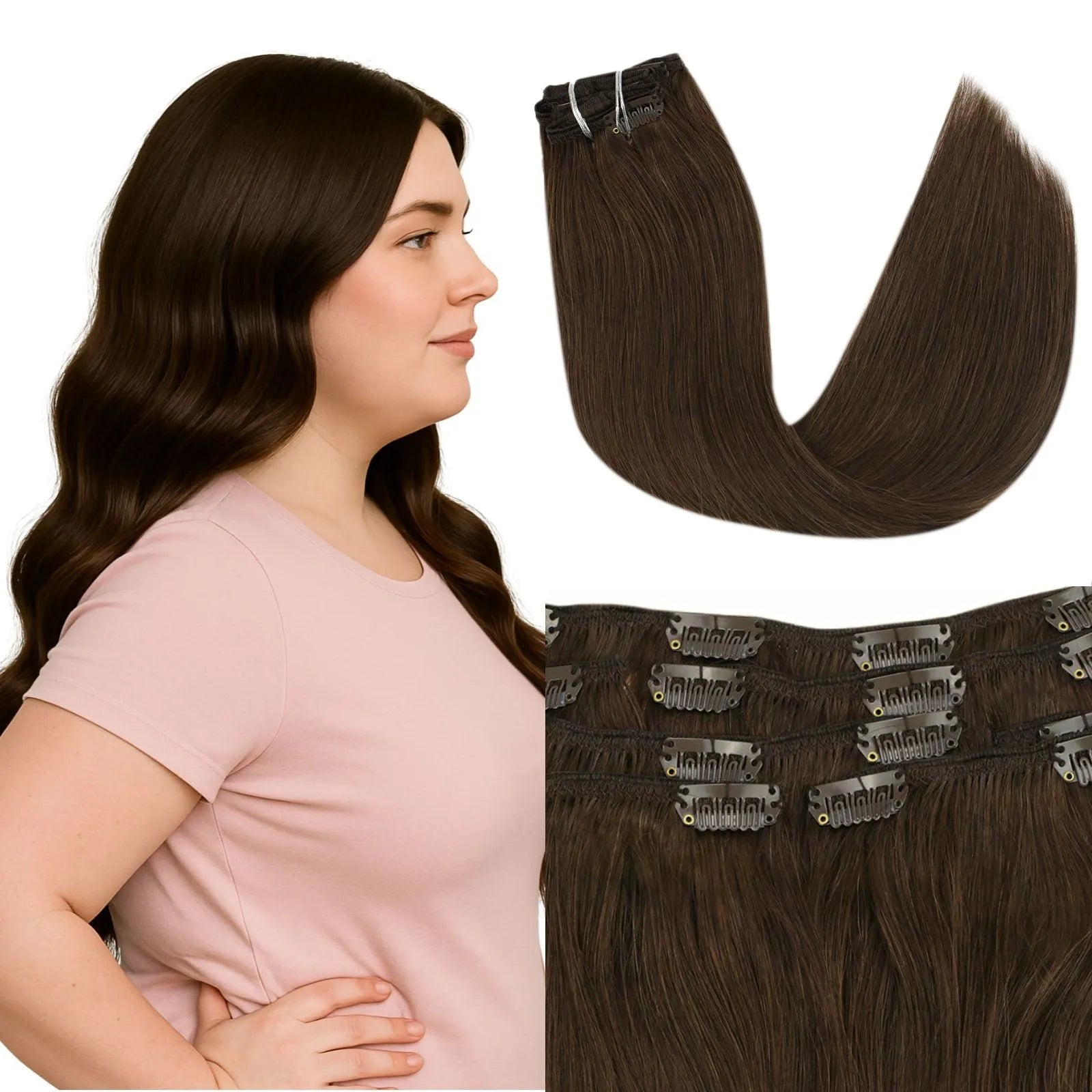 7Pcs Clip in Hair Extensions for Thin Hair Remy Human Hair Light Brown