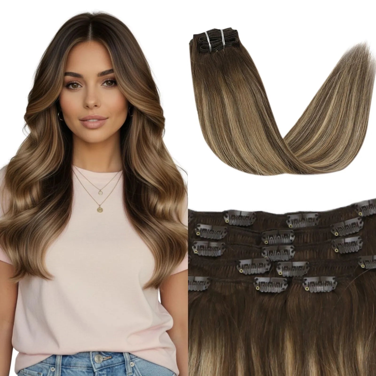 7Pcs Clip in Remy Human Hair Extensions Balayage Earthy Brown