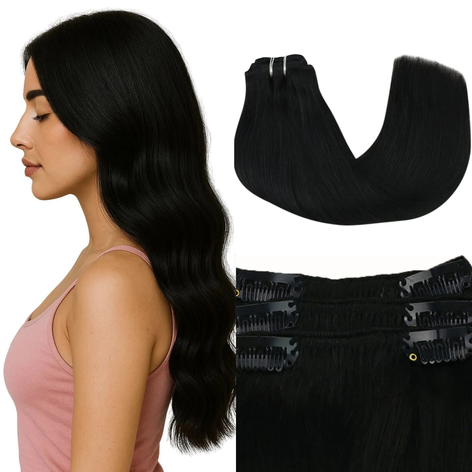 Classical Clip in Remy Human Hair Extensions 7Pcs Clip ins Jet Black
