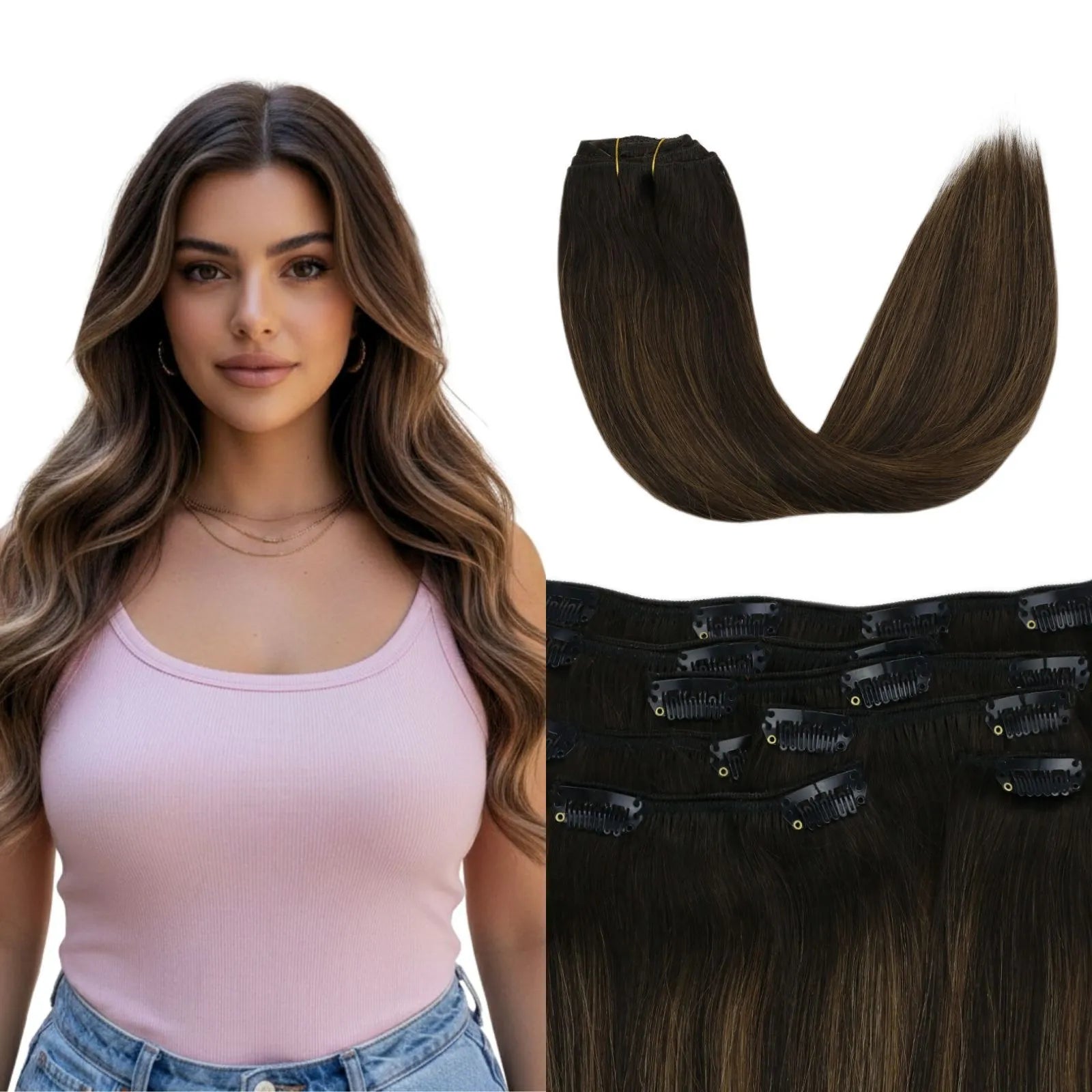 Clip in Remy Human Hair Extensions 7Pcs Clip-Ins Balayage Brown