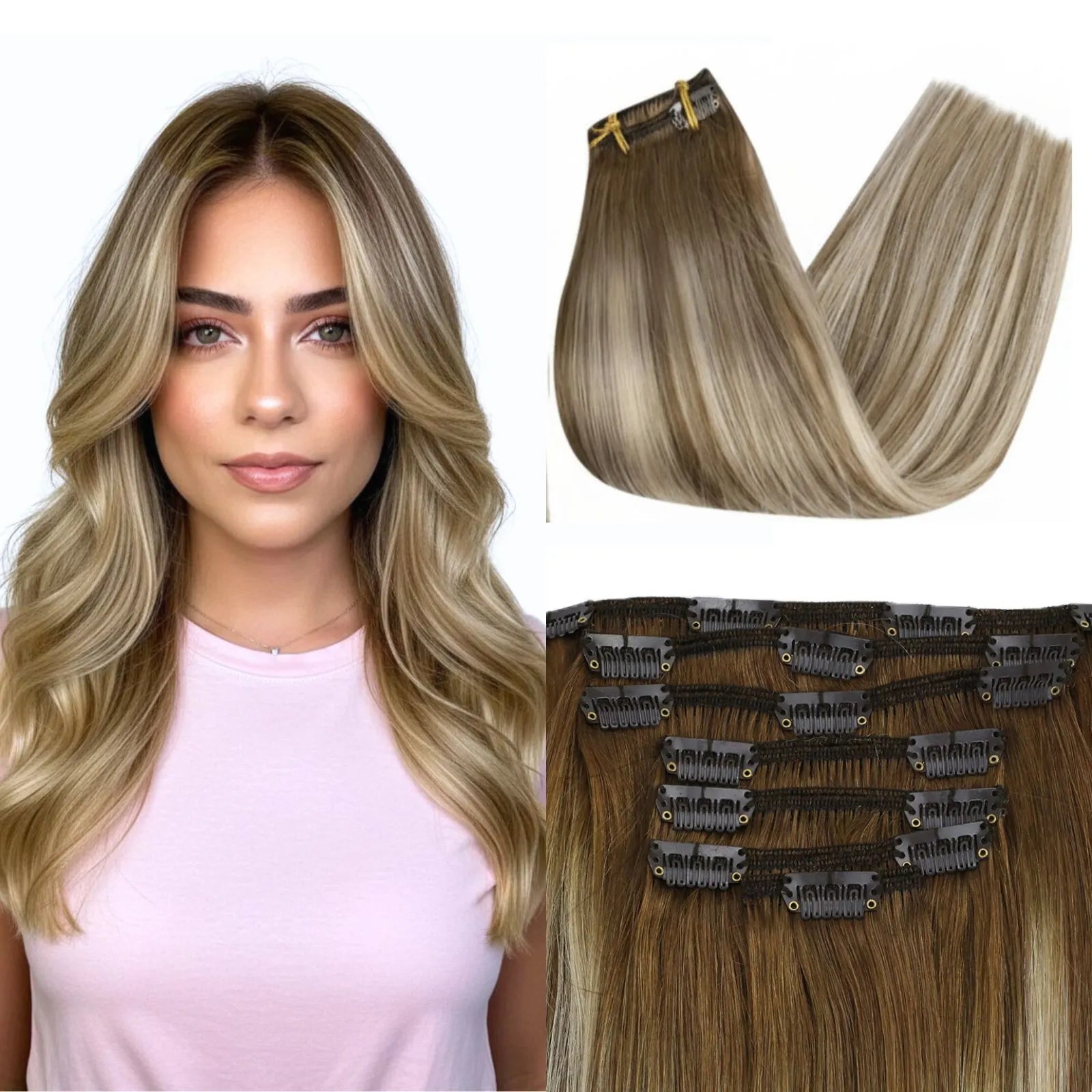 Clip in Remy Human Hair Extensions Balayage Brown with Blonde