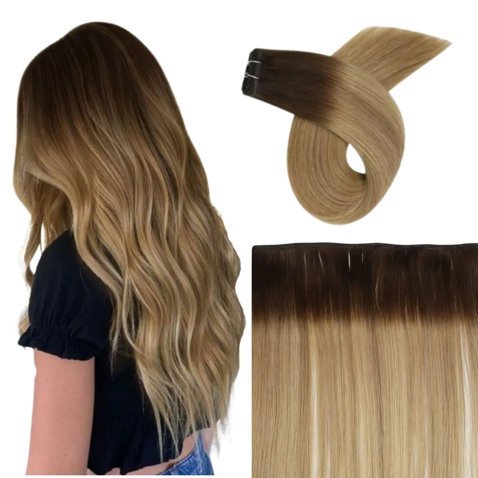 Virgin Flat Silk Weft Hair Extensions 100% Real Human Hair Bronde Brown Balayage #3/8/22