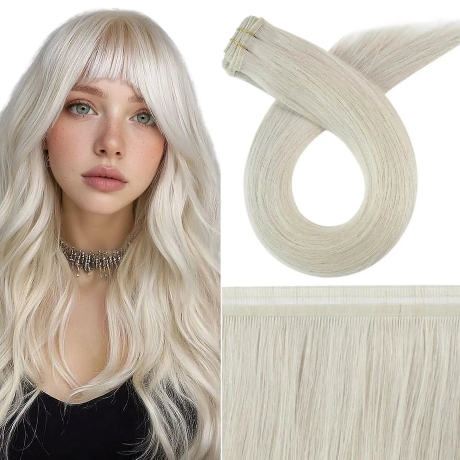 Flat Silk Weft Pure Color Virgin Human Hair Extensions Whitest Blonde