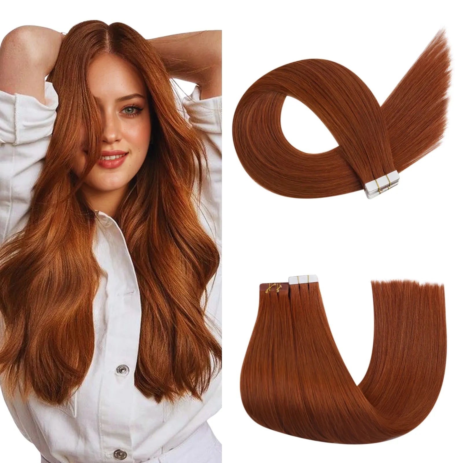copper red tape in hair extensions