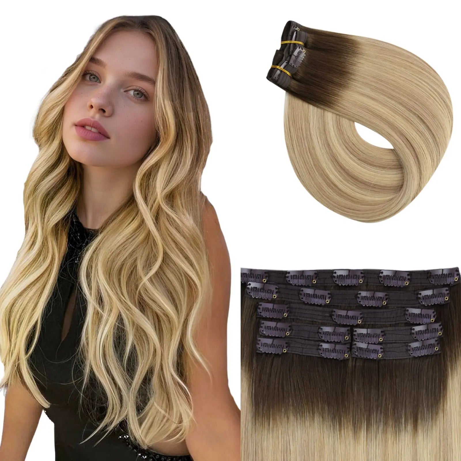 clip in hair extensions virgin human hair balayage blonde