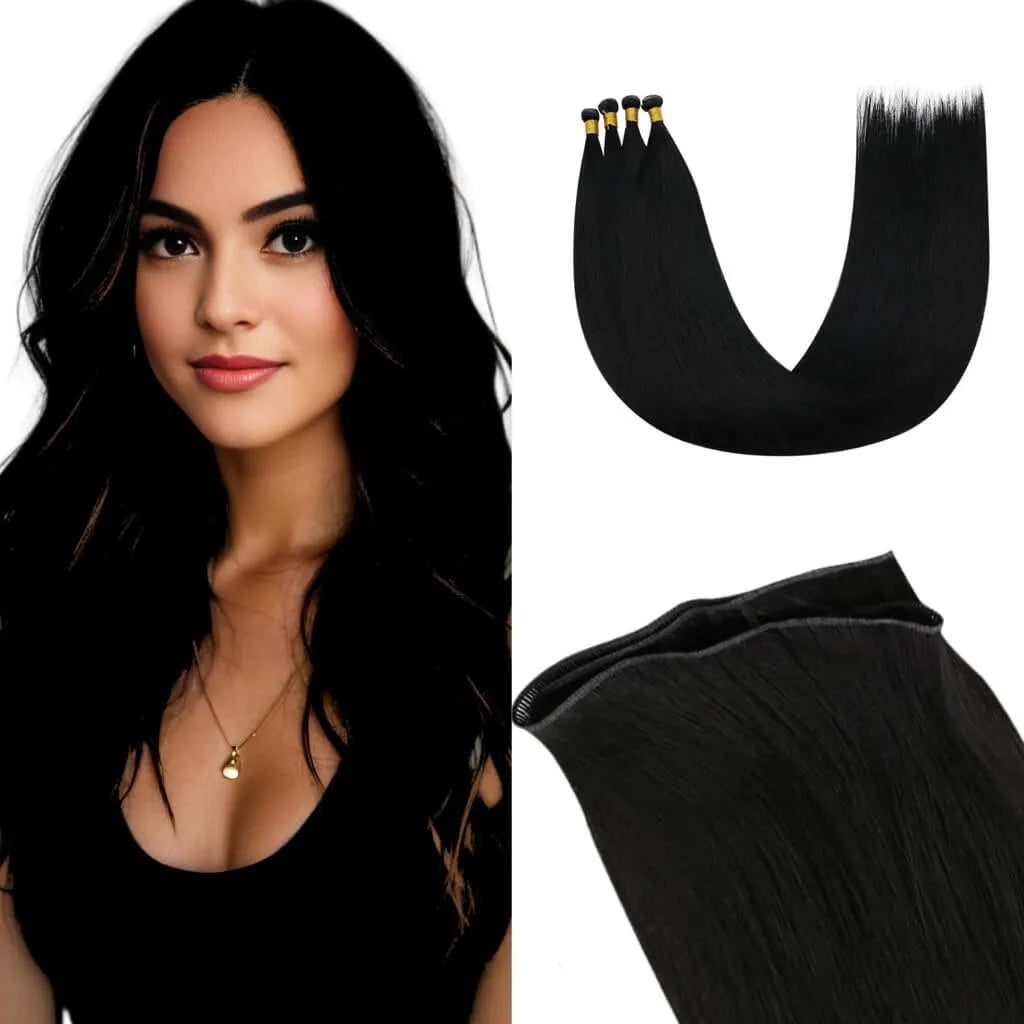 Jet black human hair wefts invisible hybrid weft for women