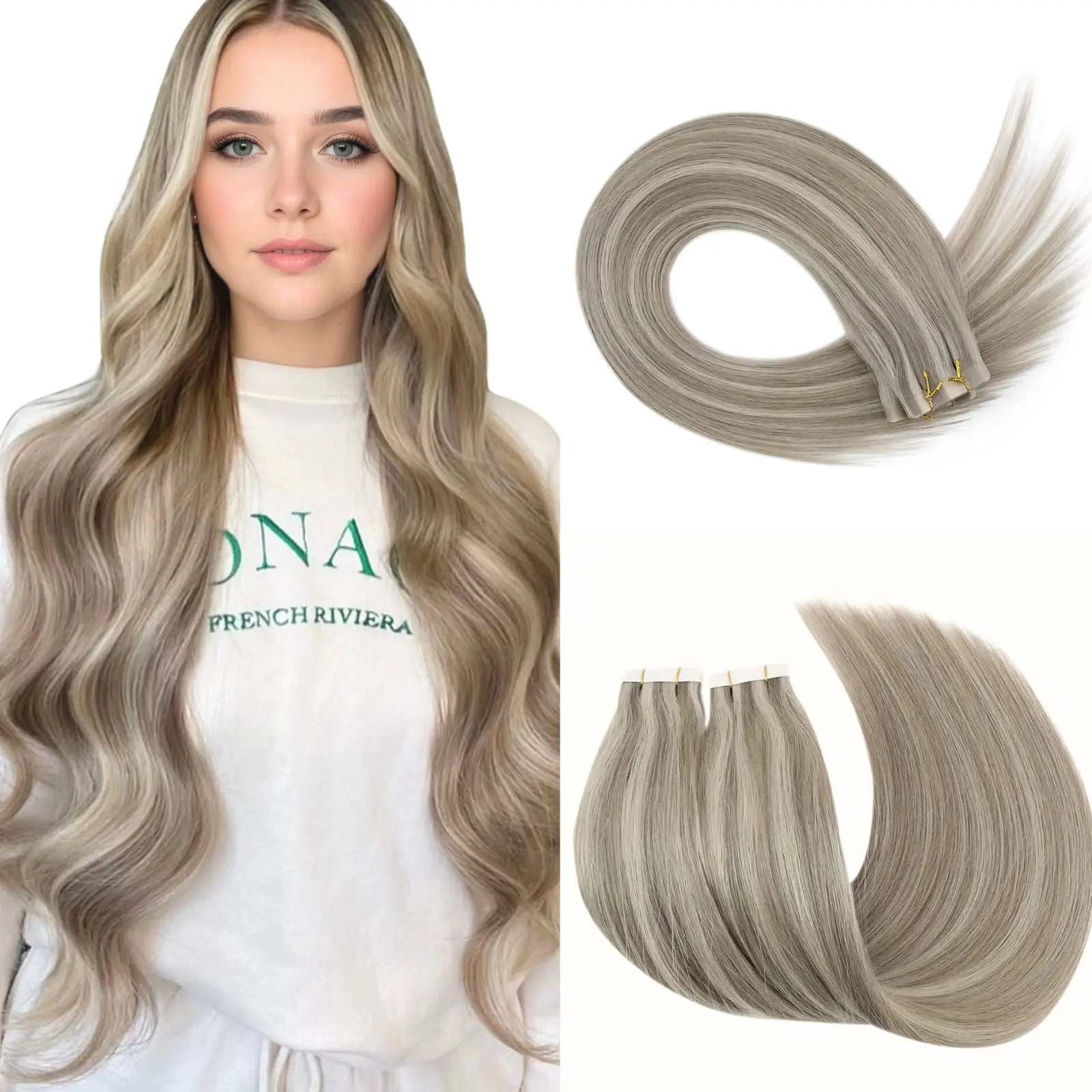 highlighted natural blonde tape in hair extensions