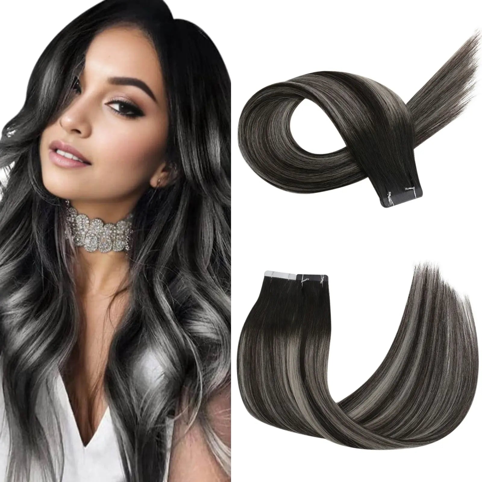 balayage black with silver tape in hair extensions