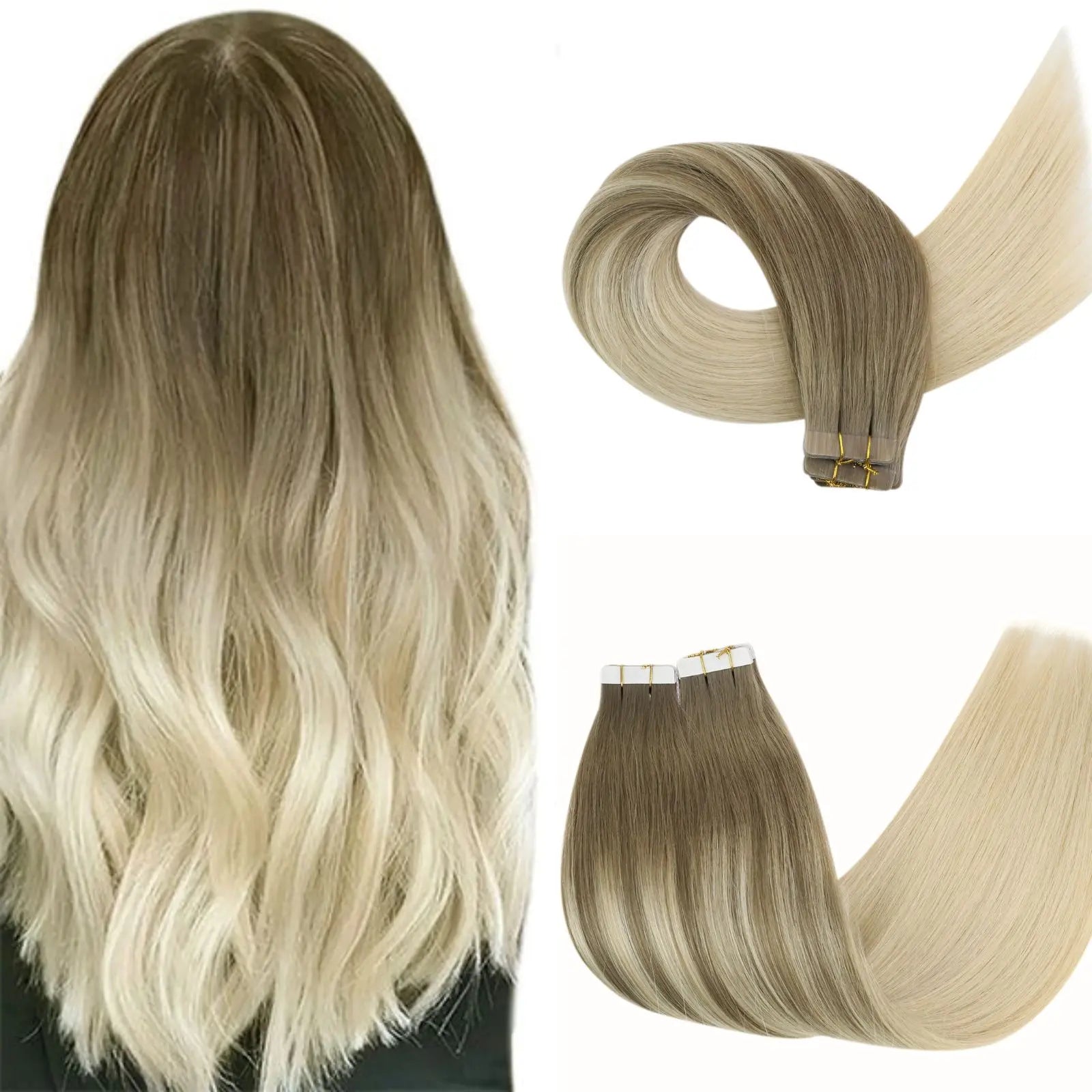 balayage blonde with brown tape ins
