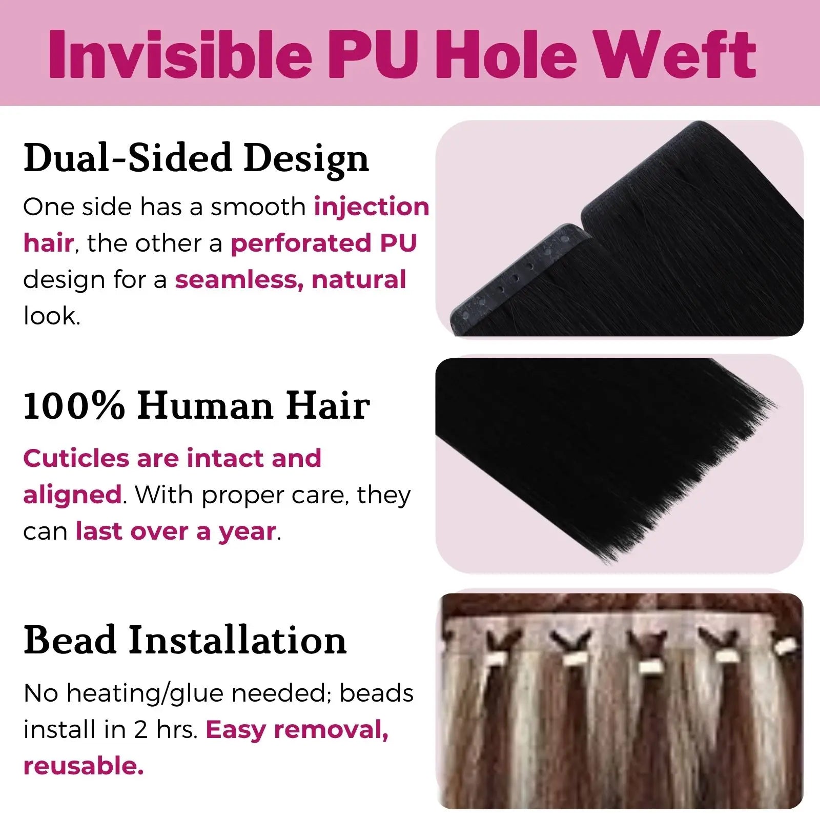 pu hole weft hair extensions bead apply