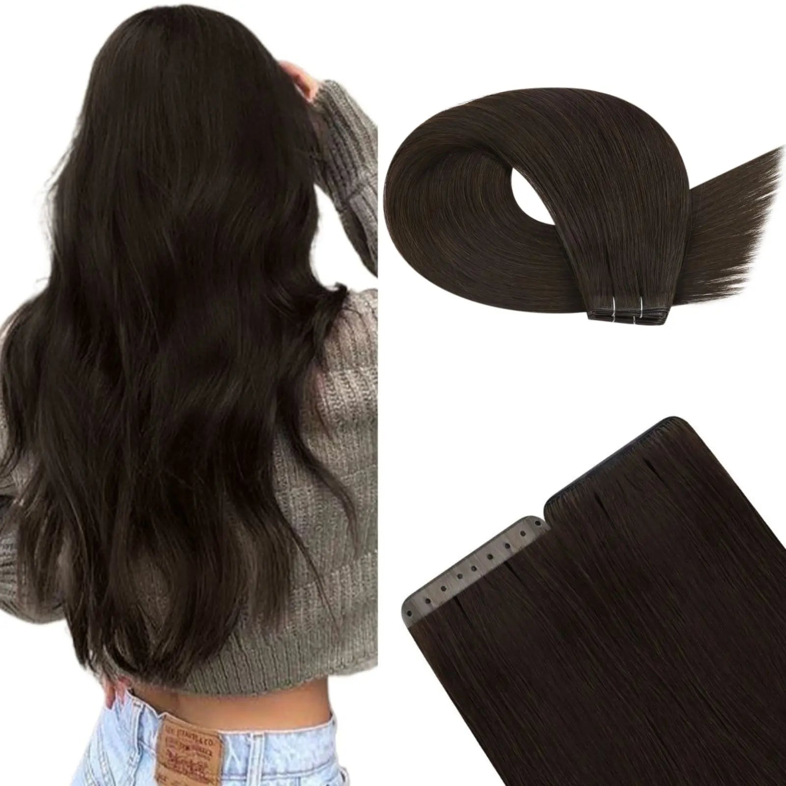 darkest brown pu hole flat weft hair extensions