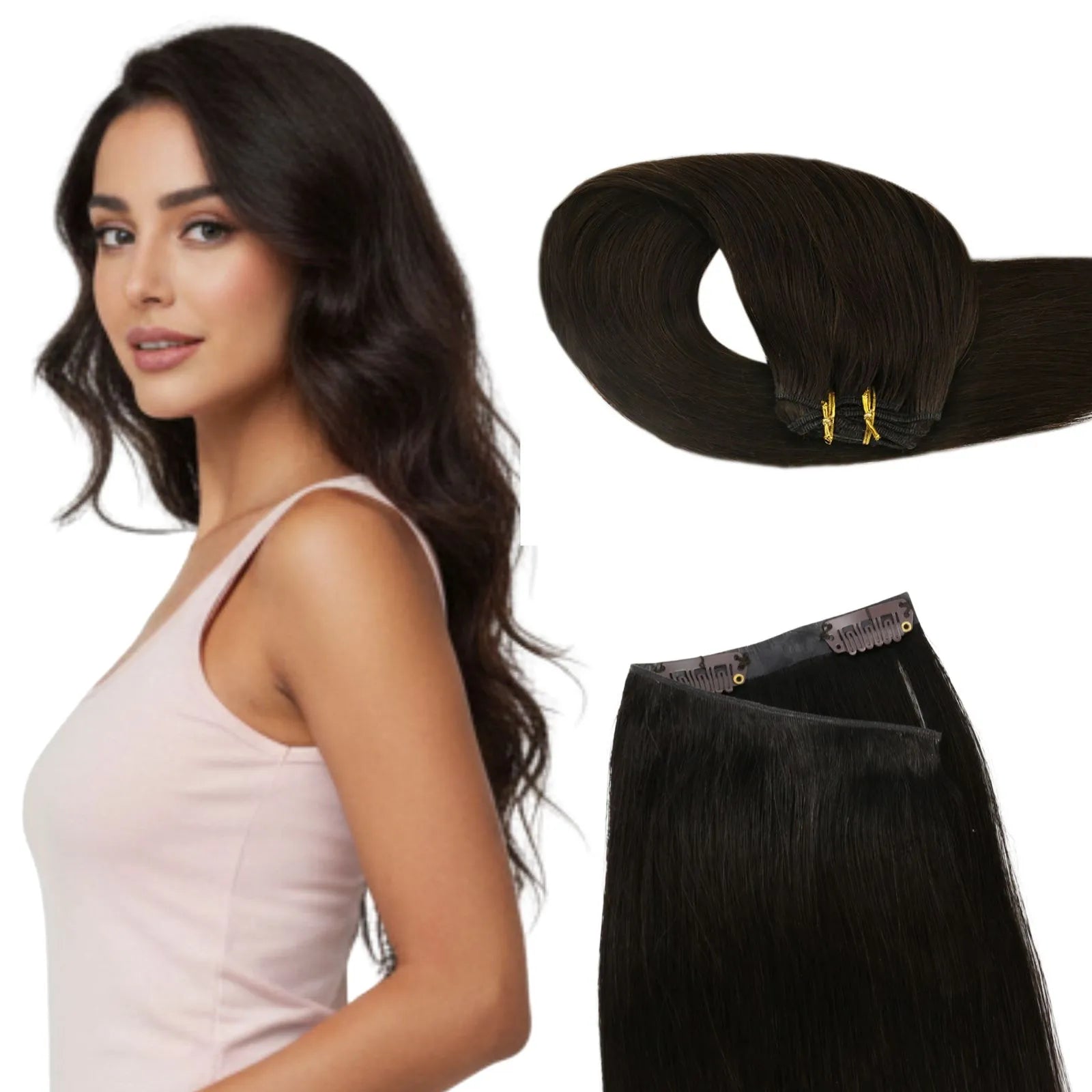 pu genius clip hair extensions dark brown
