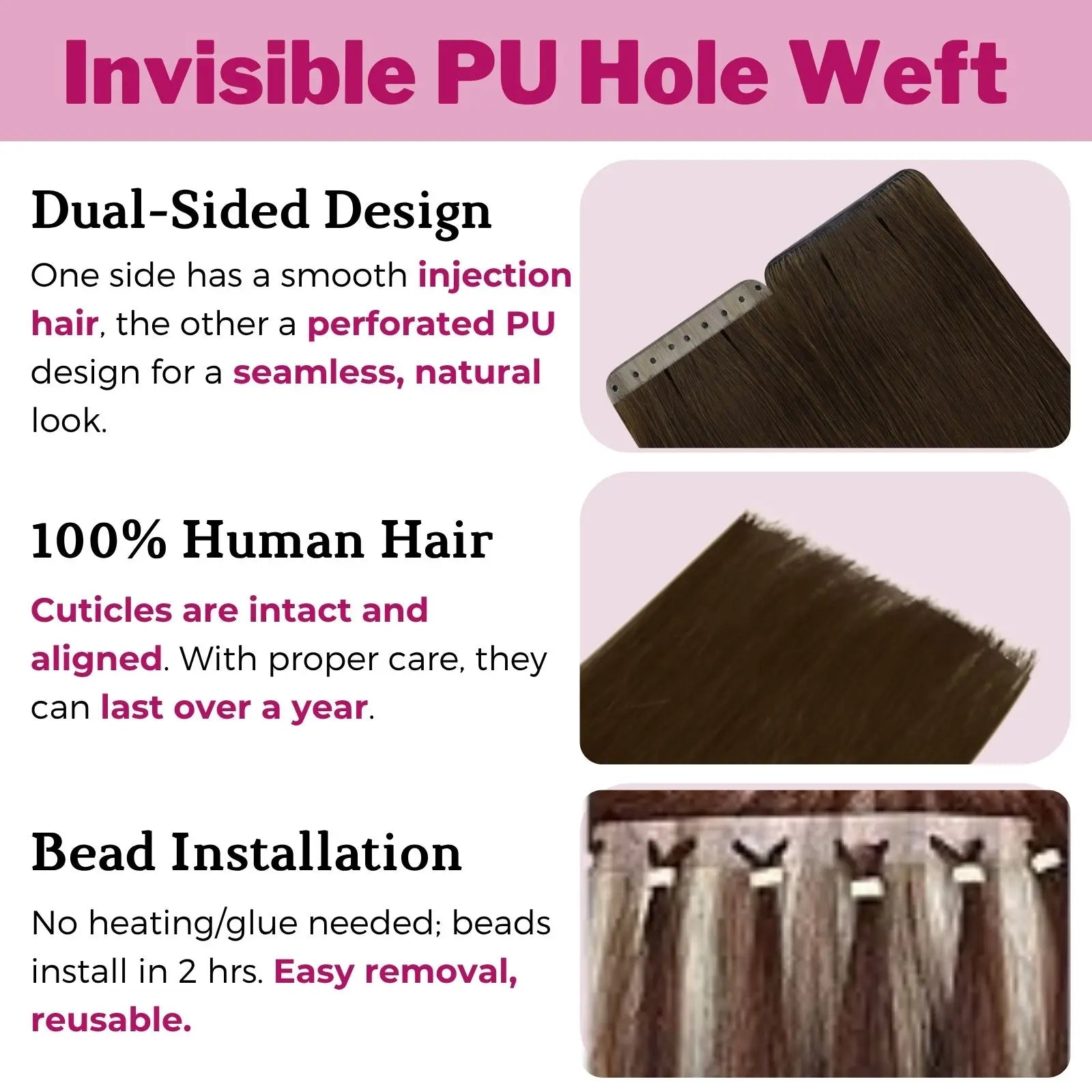 invisible pu hole weft hair extensions light brown
