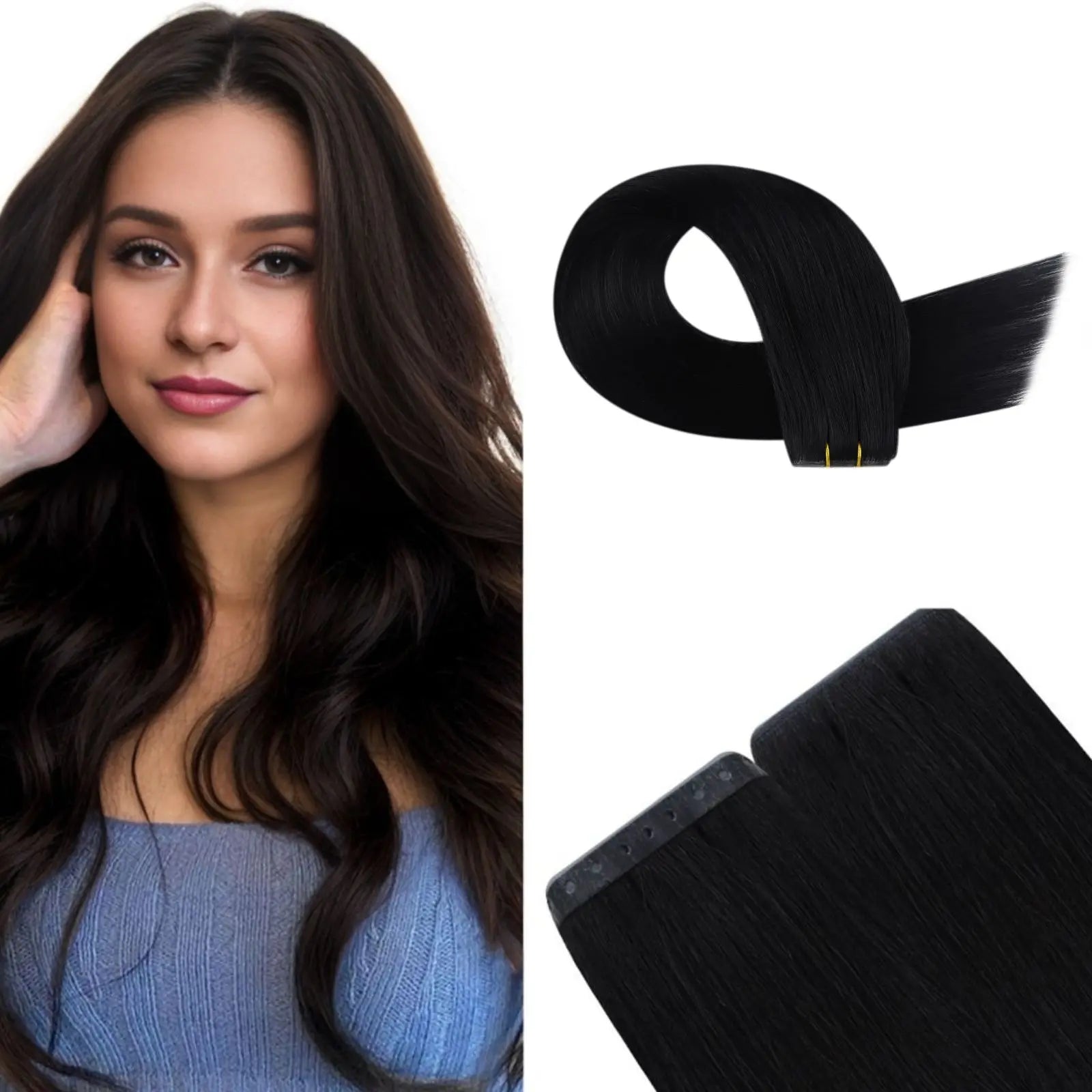 jet black virgin pu hole flat weft hair extensions