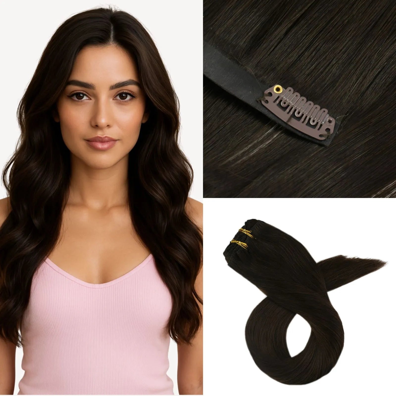 Injected Seamless Clip On Hair Invisible PU Clip Ins Human Hair Dark Brown