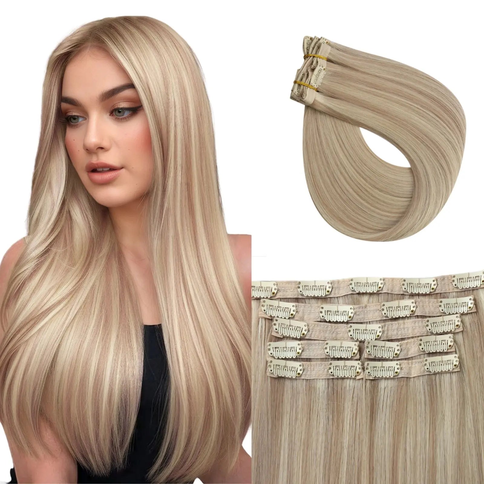 Clip in Virgin Human Hair Extensions Soft Strawberry Highlighted Blonde