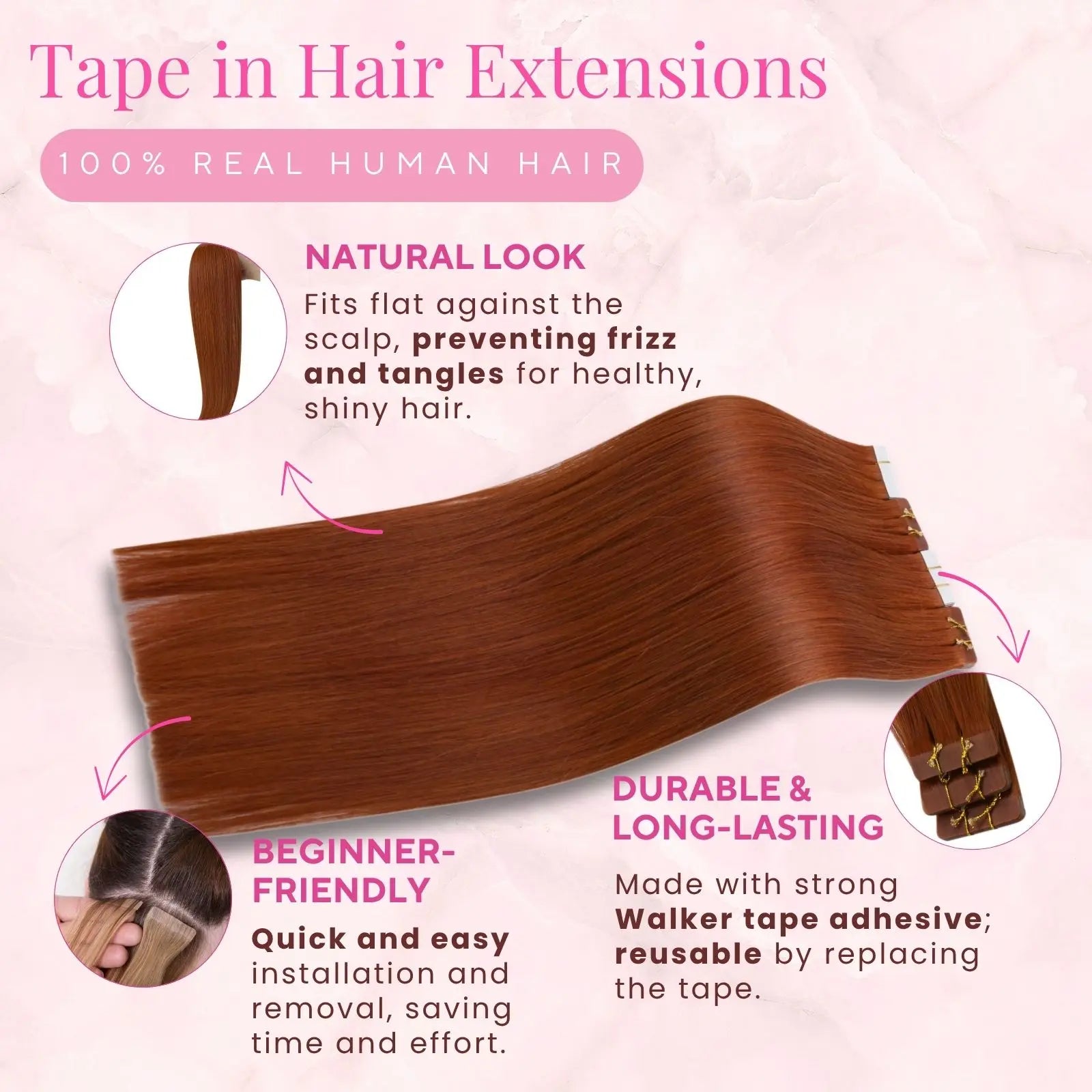 copper red tape in hair extensions