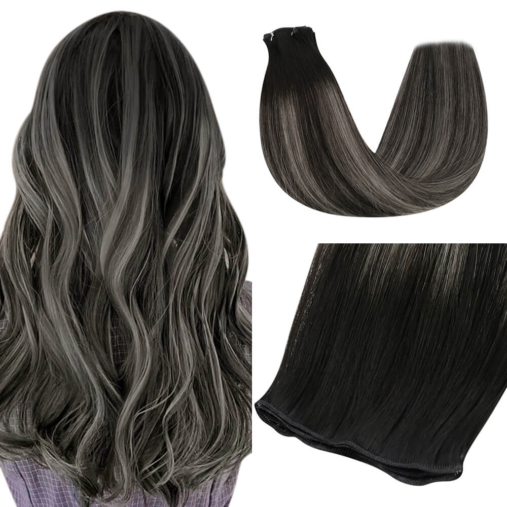 real human hair bundles hybrid weft black with silver for thin hair