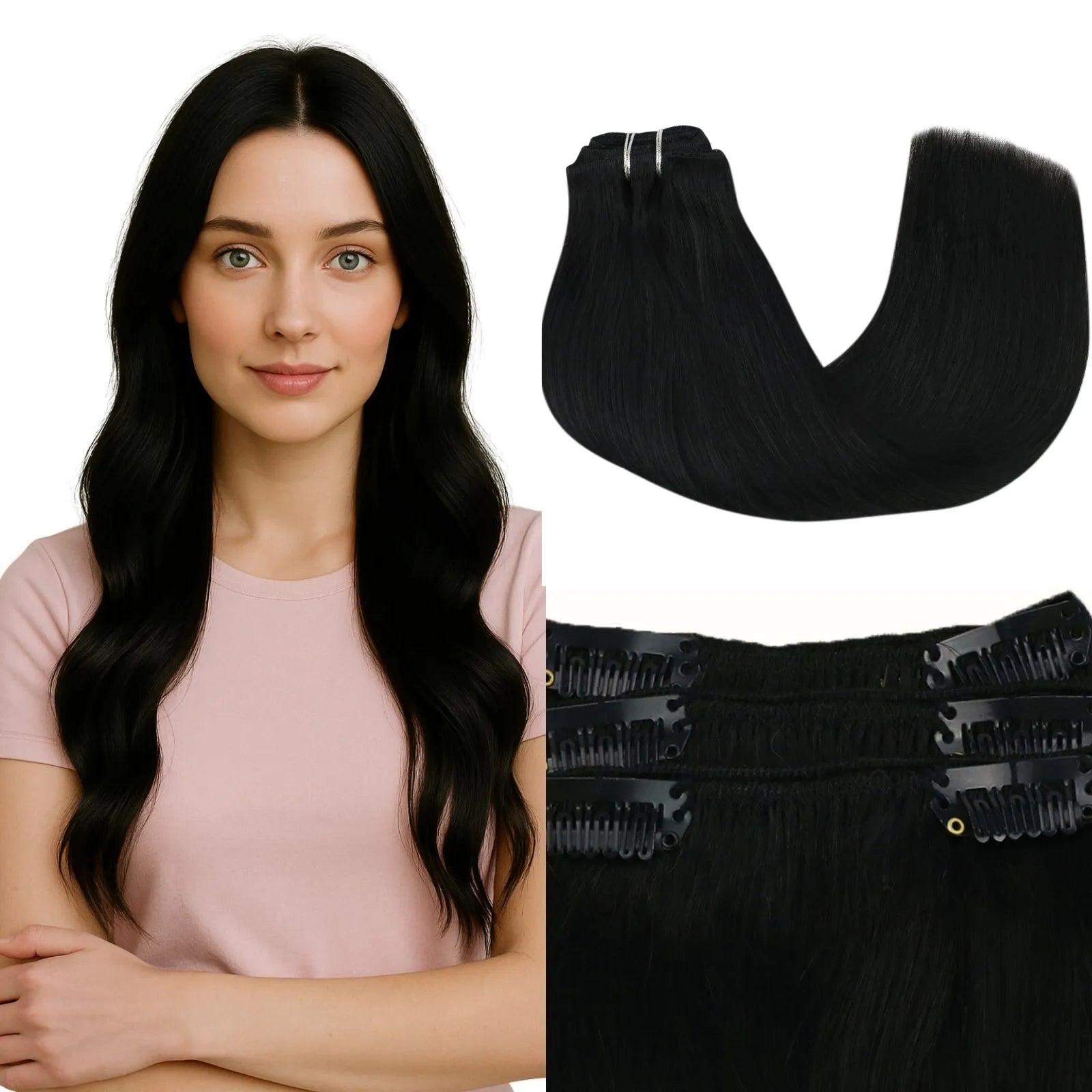 7pcs Clip in Remy Human Hair Extensions Clip ins Off Black