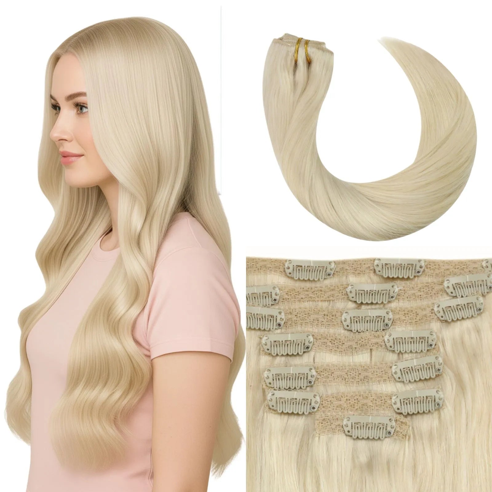 7pcs Clip in Remy Human Hair Extensions Platinum Blonde