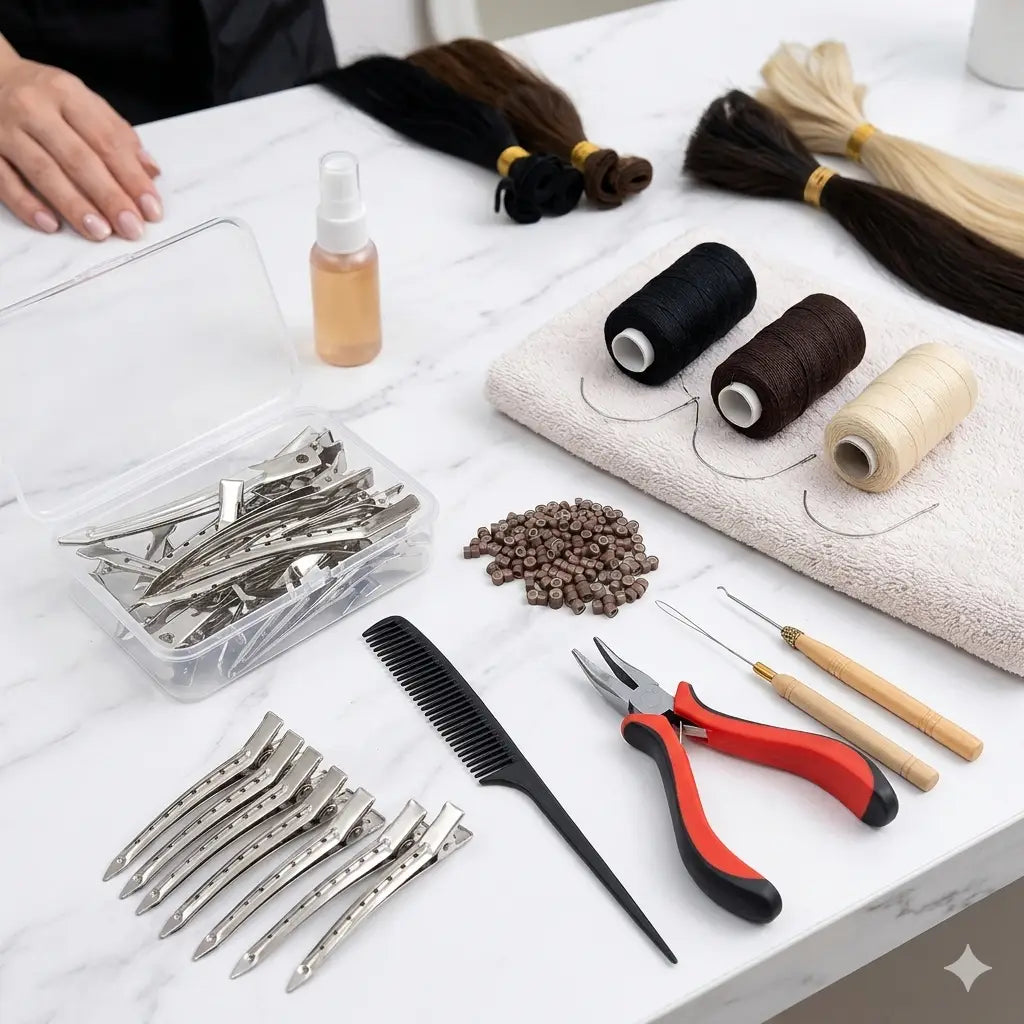 Hair Extension Installation Tool Kit – Sewing Thread & Needle Set, Tail Comb, Micro Beads Kit & Sectioning Clips