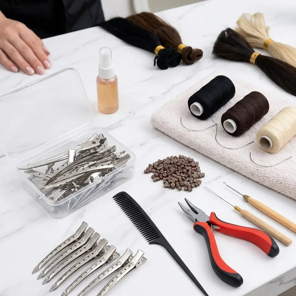 Hair Extension Installation Tool Kit – Sewing Thread & Needle Set, Tail Comb, Micro Beads Kit & Sectioning Clips