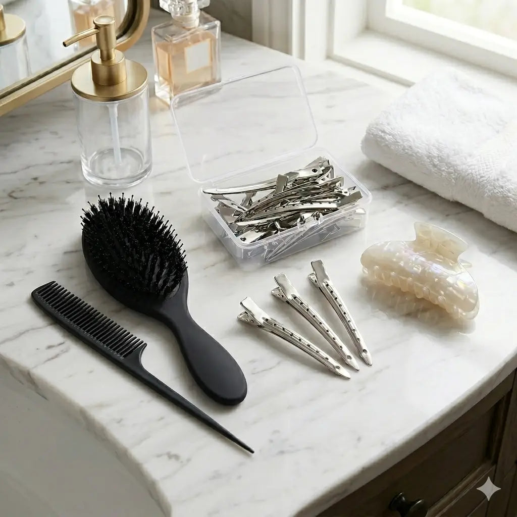 Hair Styling & Extension Tool Kit – Tail Comb, Cushion Brush, Sectioning Clips & Large Hair Claw Clip Set
