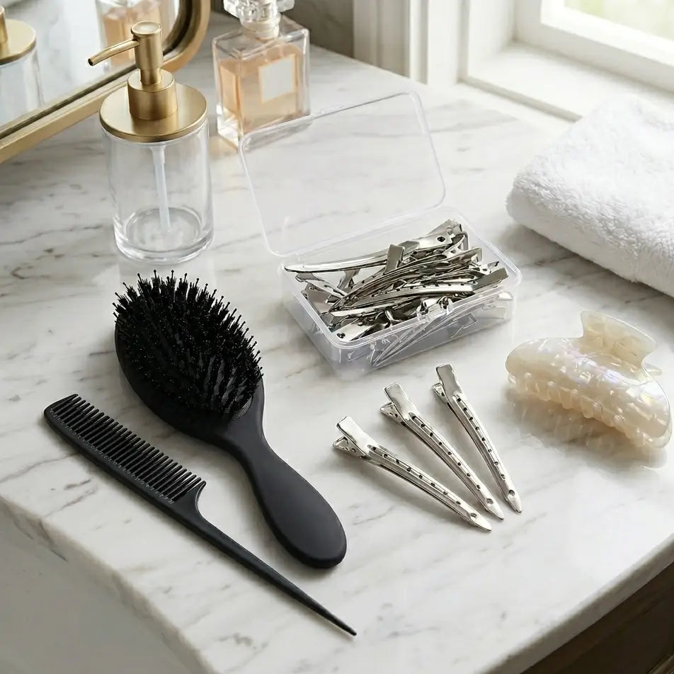 Hair Styling & Extension Tool Kit – Tail Comb, Cushion Brush, Sectioning Clips & Large Hair Claw Clip Set