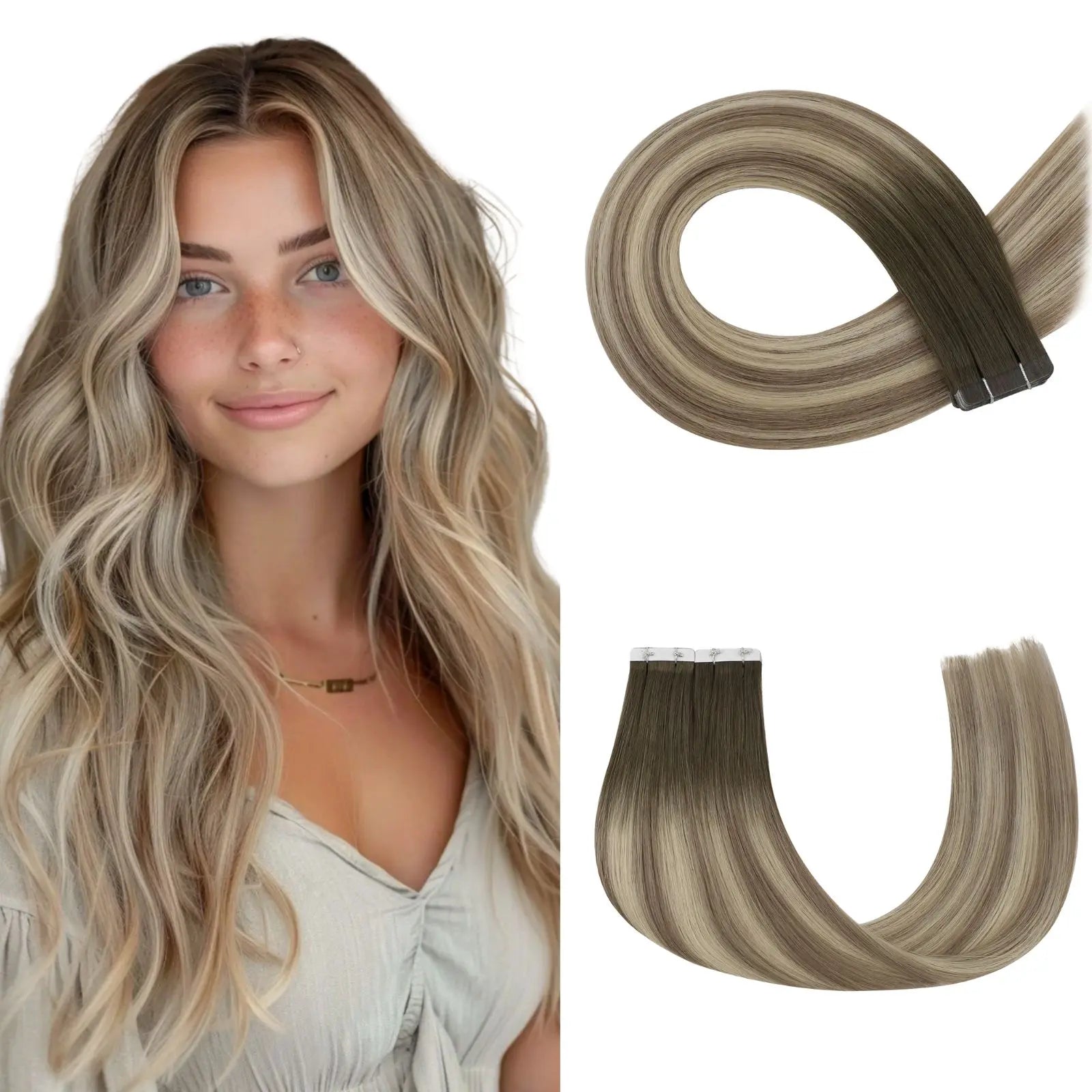 tape in hair extensions ash brown with blonde