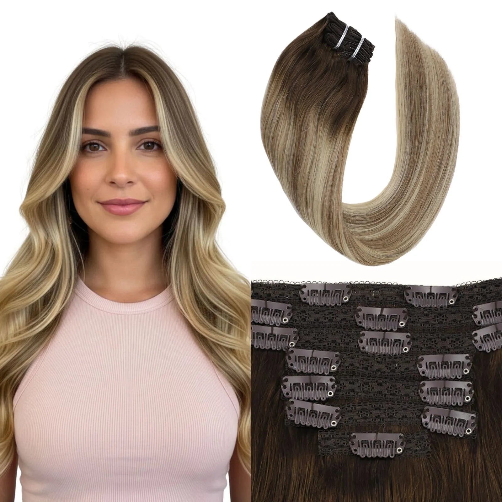 Human Clip in Hair Extensions Remy Human Hair Bronde Brown Balayage