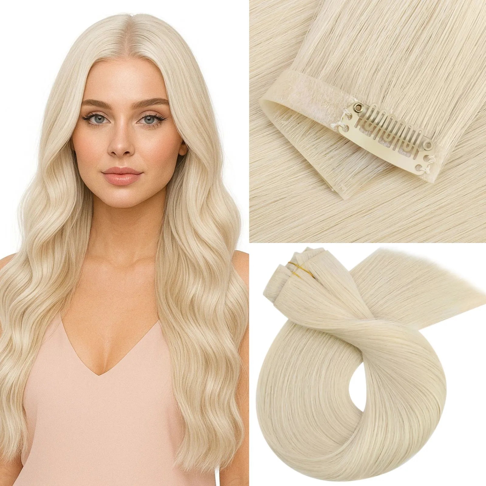 Human Injection PU Clip Hair Extensions Platinum Blonde