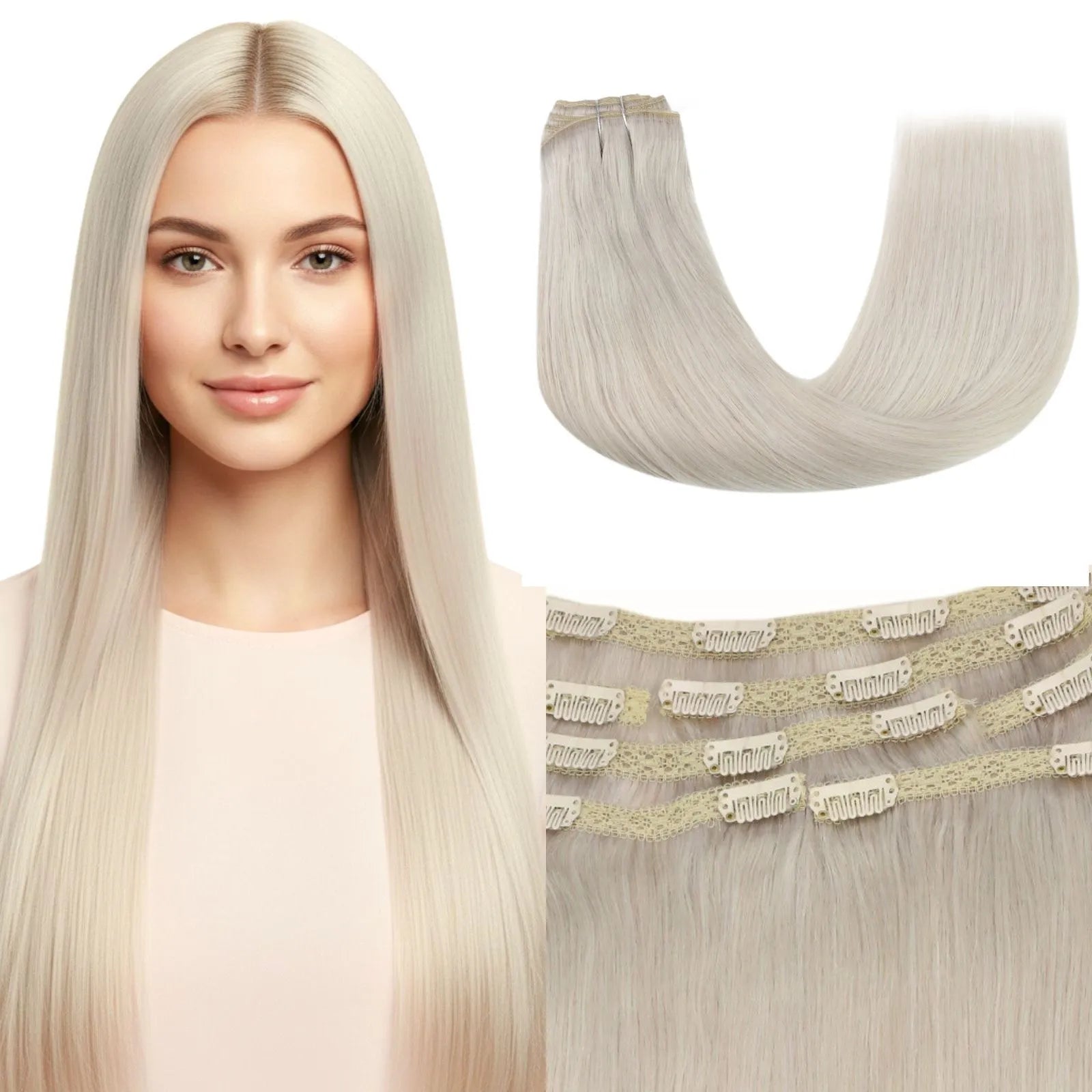 Straight Classical Clip in Hair Extensions 100% Remy Human Hair Icy Platinum