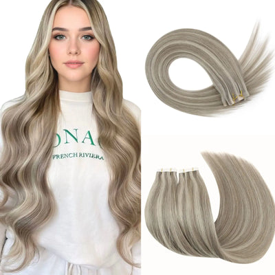 highlighted natural blonde tape in hair extensions