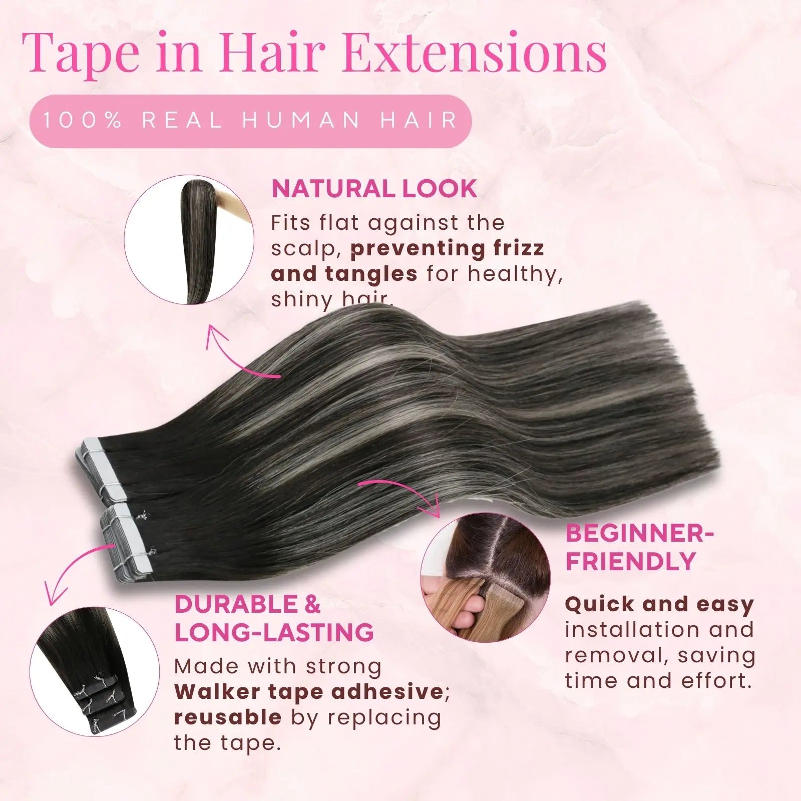 balayage black with silver tape in hair extensions