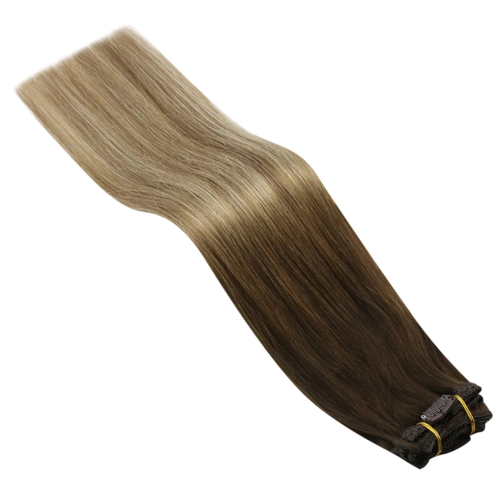 balayage brown with blonde clip in extensions