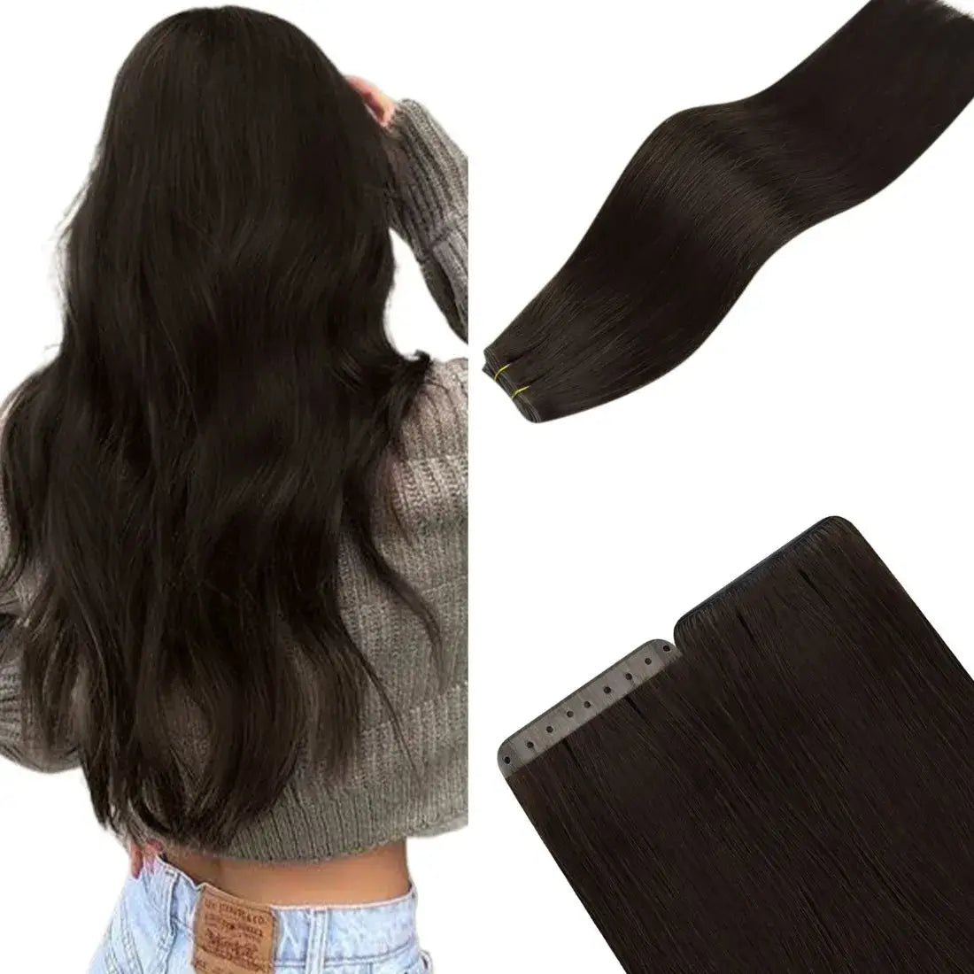 darkest brown pu hole flat weft hair extensions