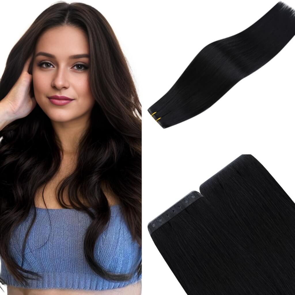 jet black virgin pu hole flat weft hair extensions