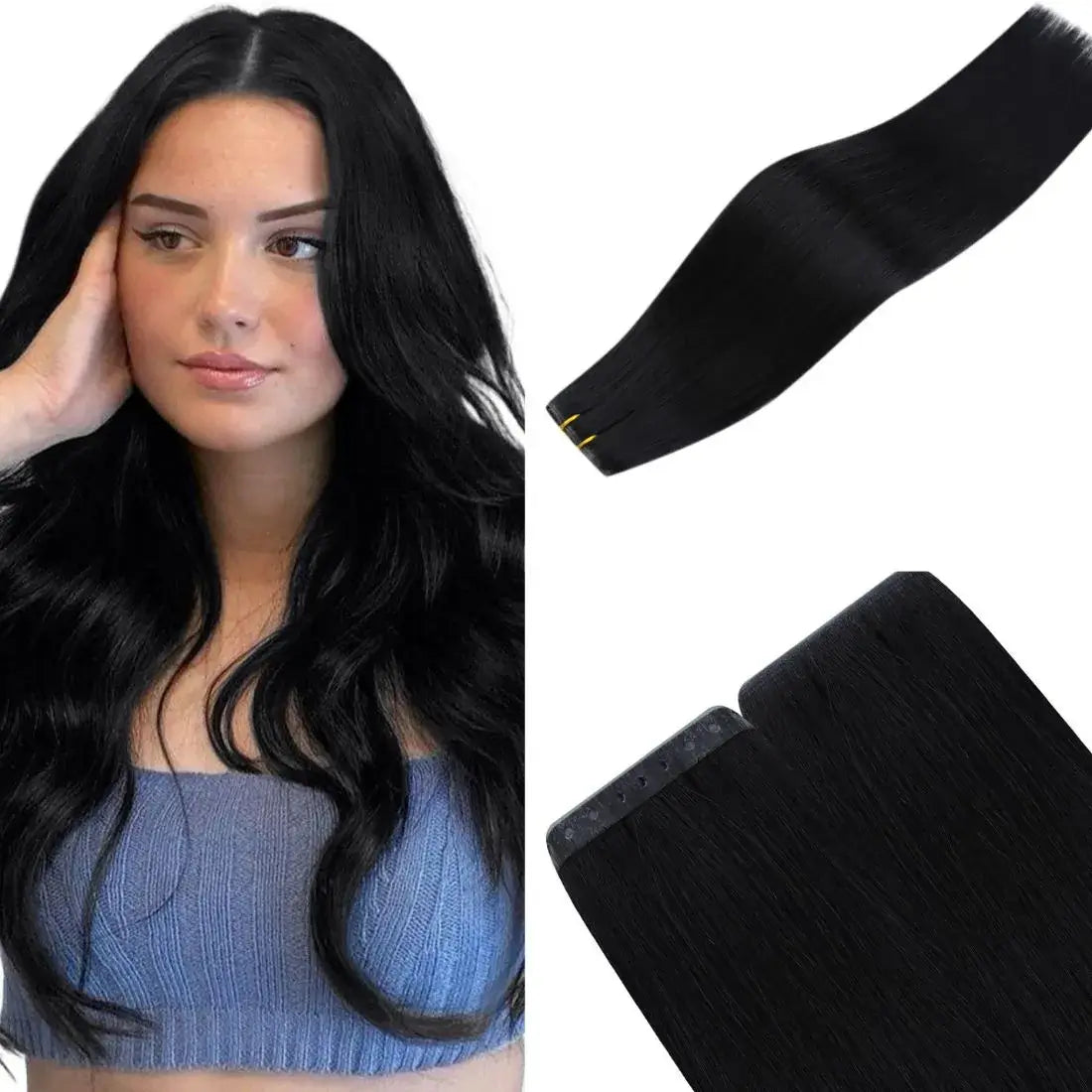 jet black virgin pu hole flat weft hair extensions