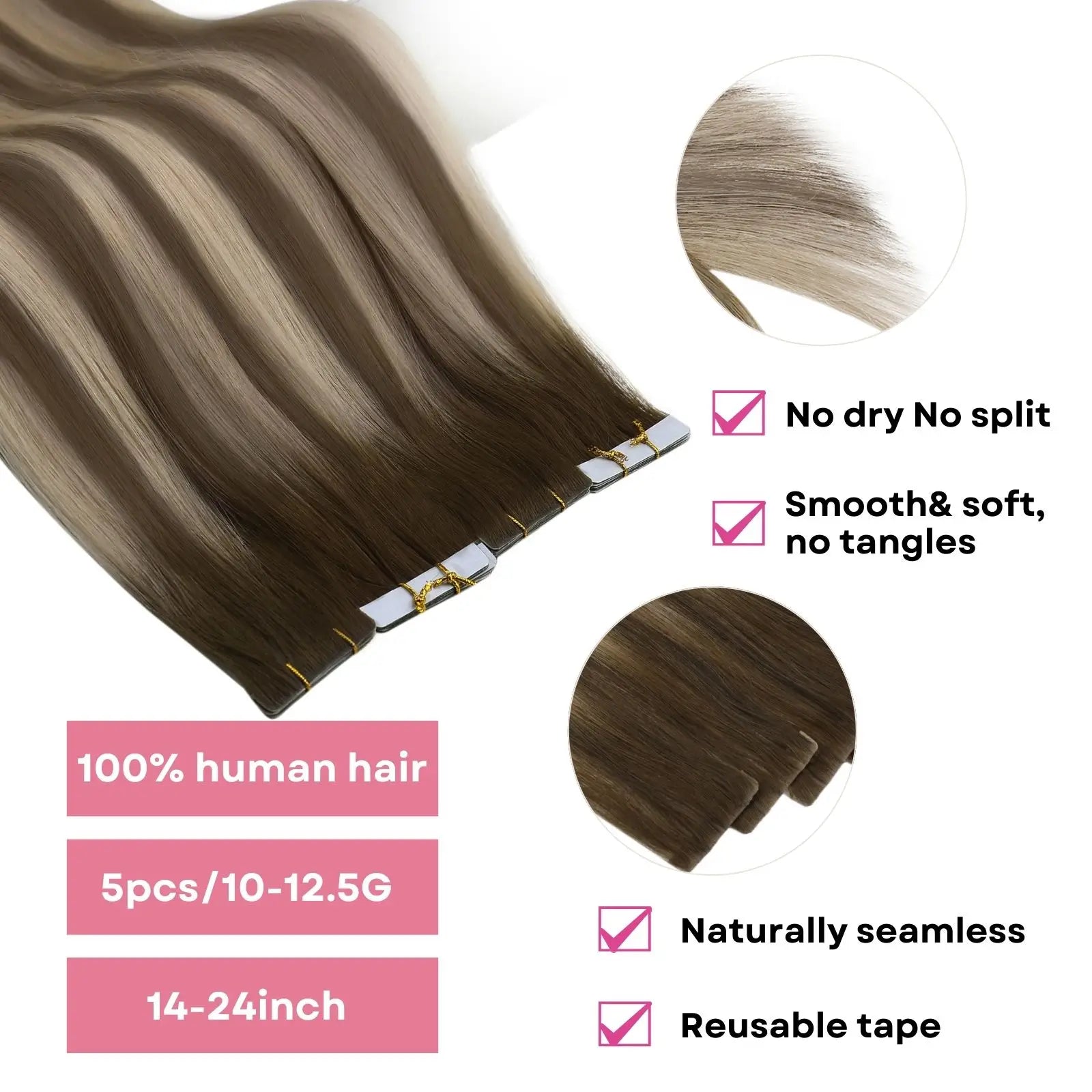 reusable tape hair extensions virgin human hair brown with blonde tape ins
