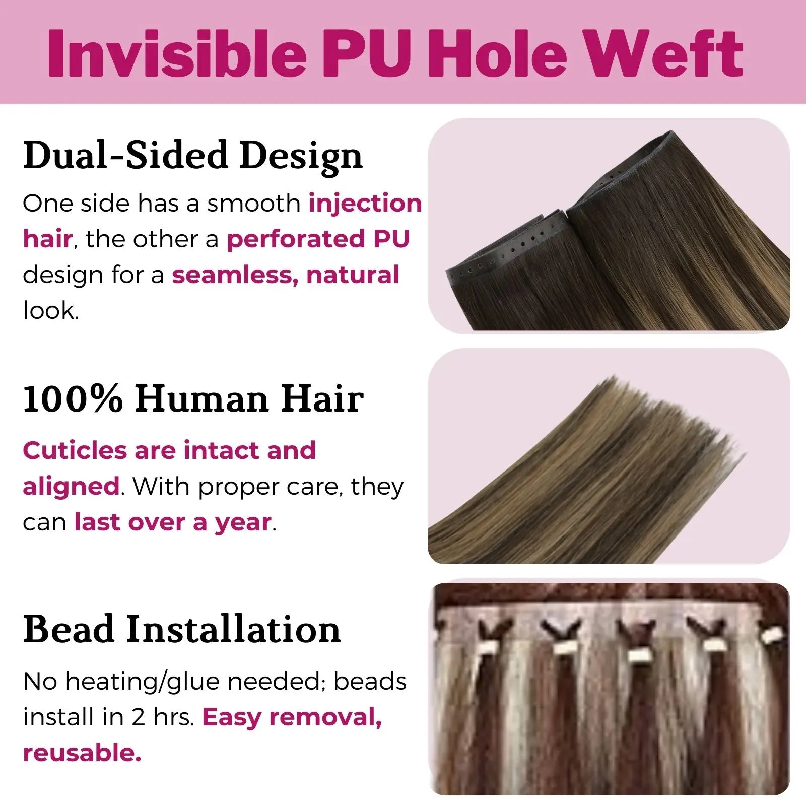 invisible pu hole weft hair virgin butterfly weft hair extensions