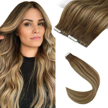 brown and blonde tape in hair 