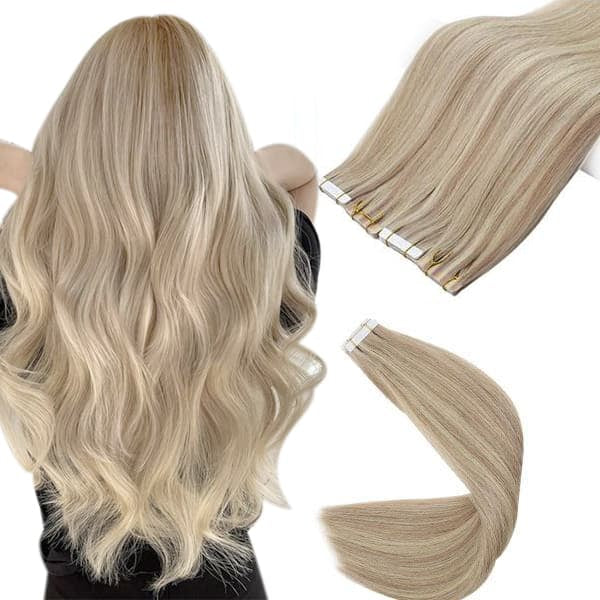 Ash Blonde with Bleach Blonde Virgin Tape in hair extensions