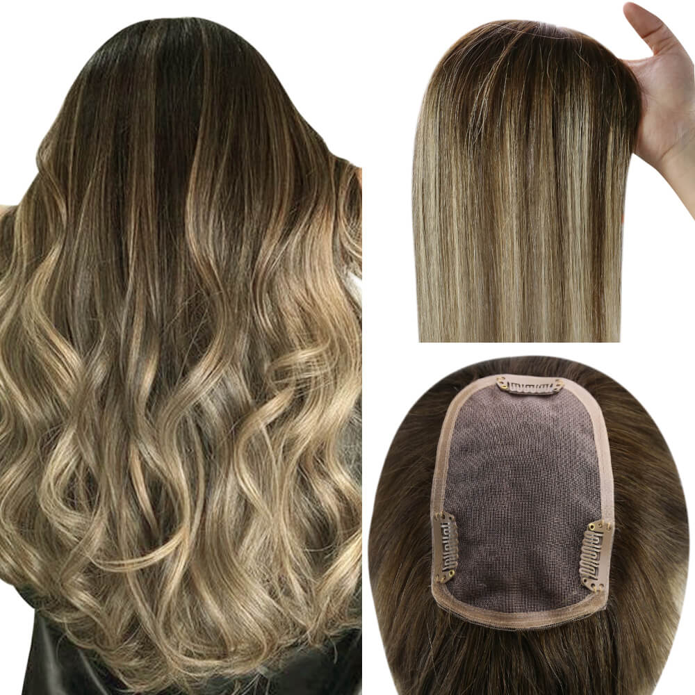 Human Hair Toppers Balayage Brown Highlight Blonde#4/27/4-3*5 inch ...